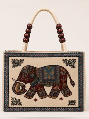 One of a Kind Thai Elephant Woven Tapestry Tote Bag Handmade Boho Purse